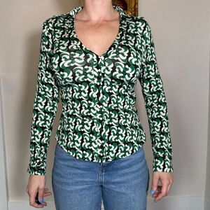 Zara Fitted Printed Blouse Black Green Size M